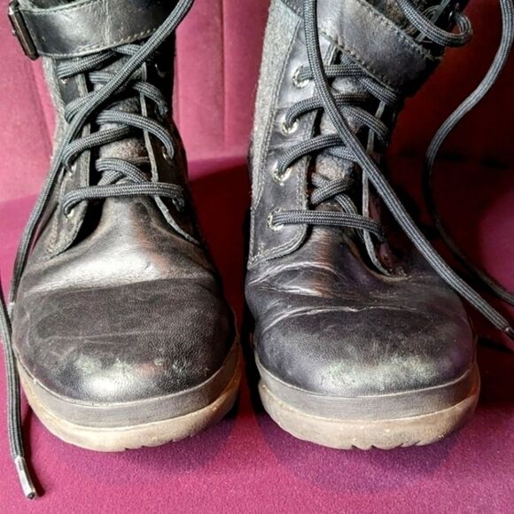 UGG Waterproof Combat Boots Black Leather & Grey Wool Winter Lace-up Side Zip - Picture 2 of 7